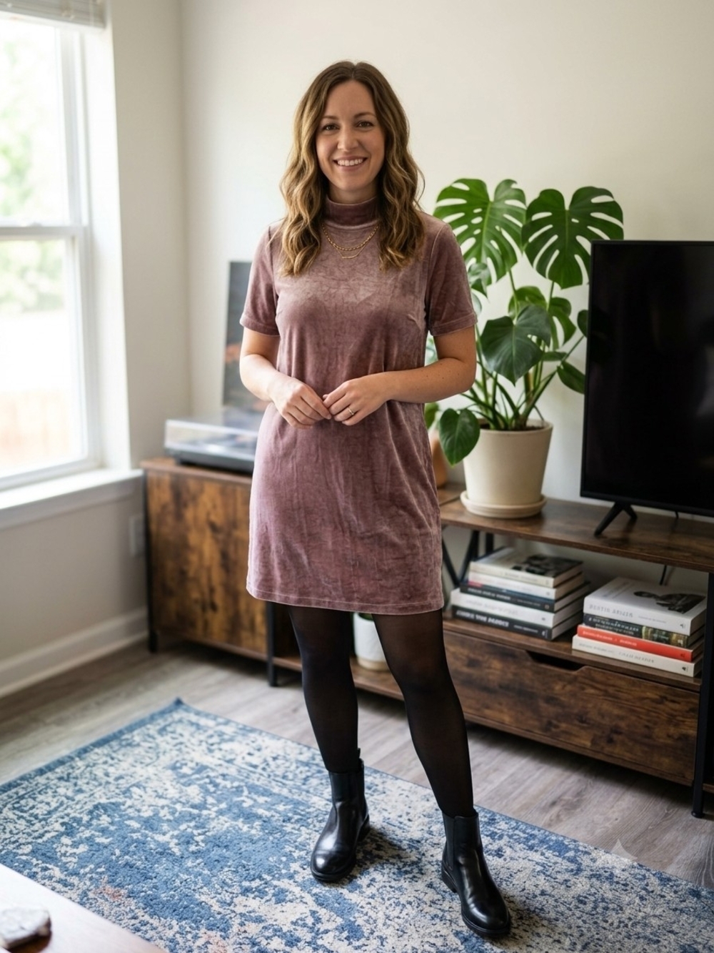 J. Crew Mauve Velvet Short-Sleeve Turtleneck Mini Dress